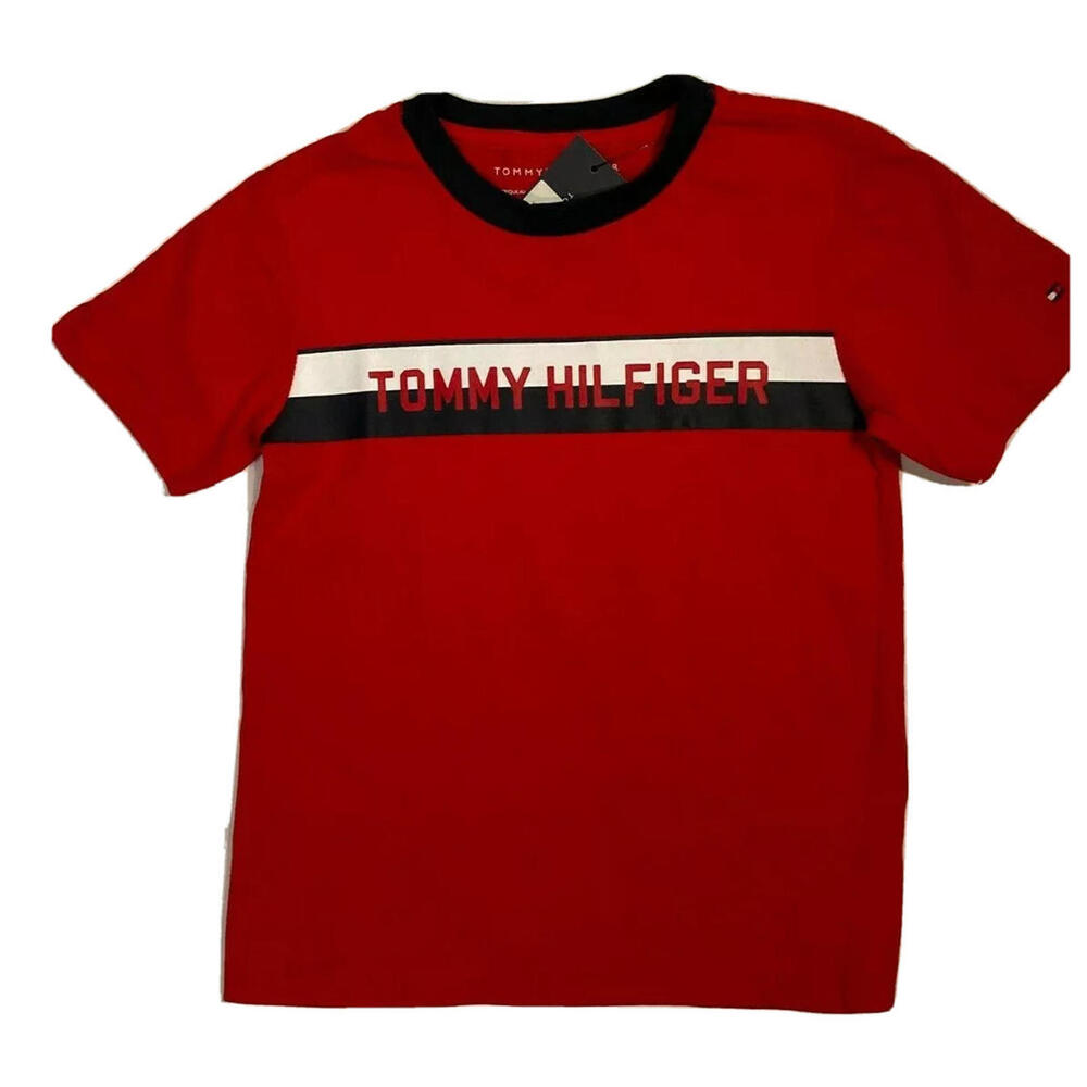 Tommy Hilfiger Boy Short Sleeve Banner Stripe T-Shirt Red Kids Size 5